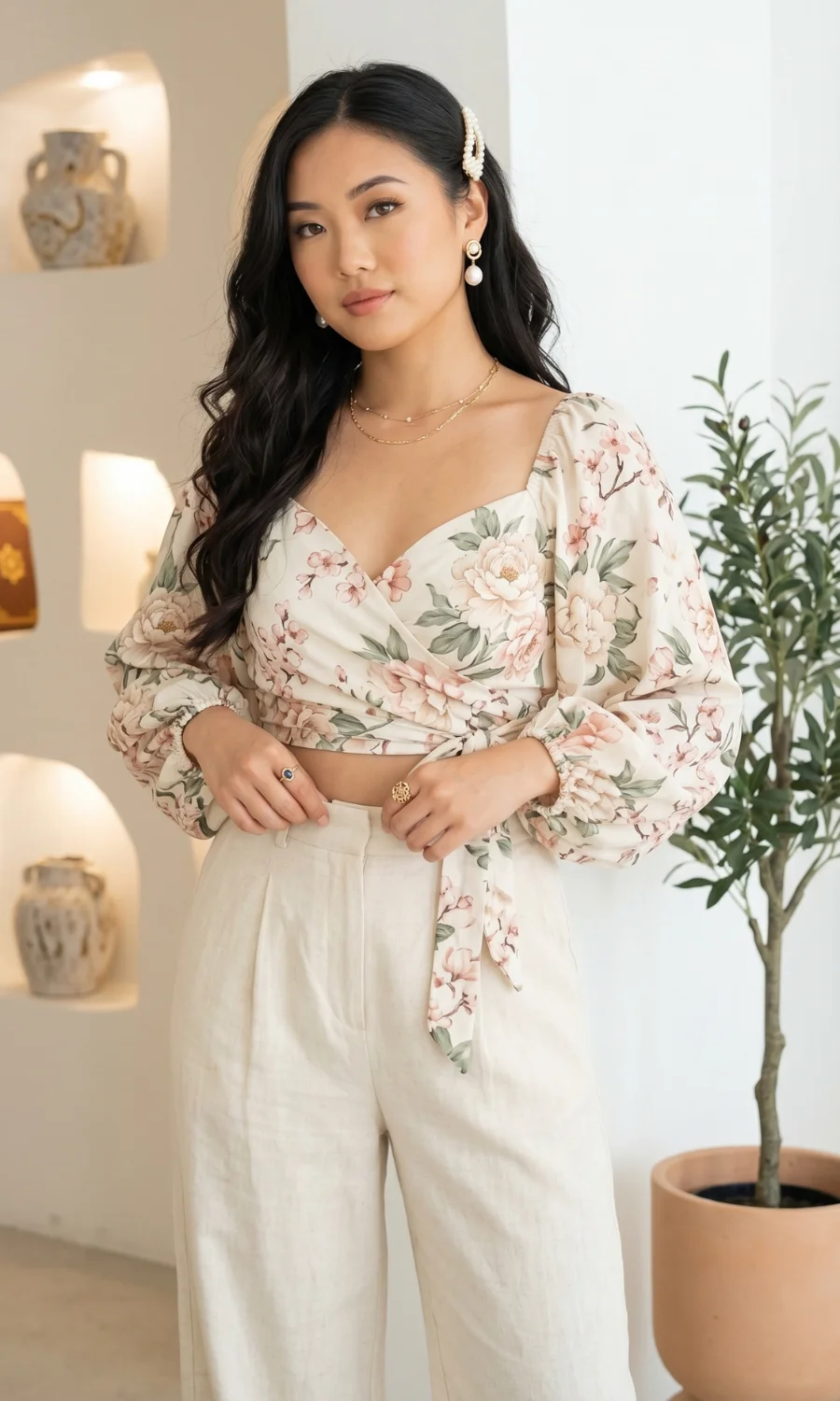 Floral Print Wrap Crop Top with Voluminous Sleeves and Linen Trousers Floral Print Wrap Crop Top with Voluminous Sleeves and Linen Trousers — Summer Crop Top Outfits 2027