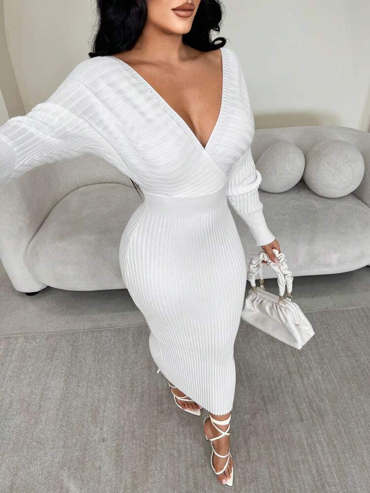 Ribbed Knit White Long-Sleeve Bodycon Midi Dress Ribbed Knit White Long-Sleeve Bodycon Midi Dress — Bodycon Dresses 2027