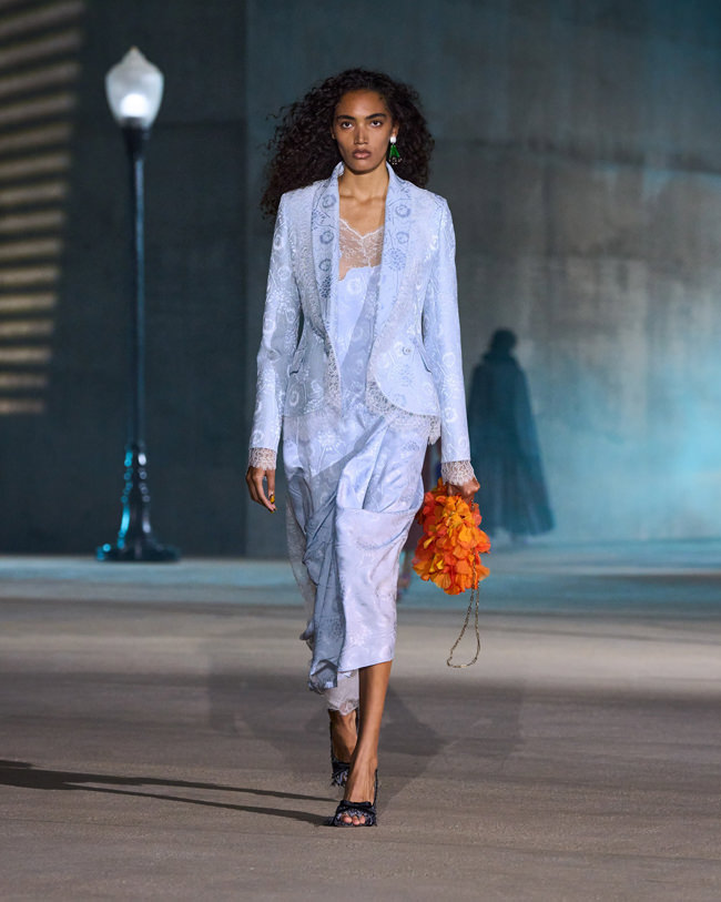 Elegant Light Blue Jacquard Blazer Evening Look — Outfit Trends 2027