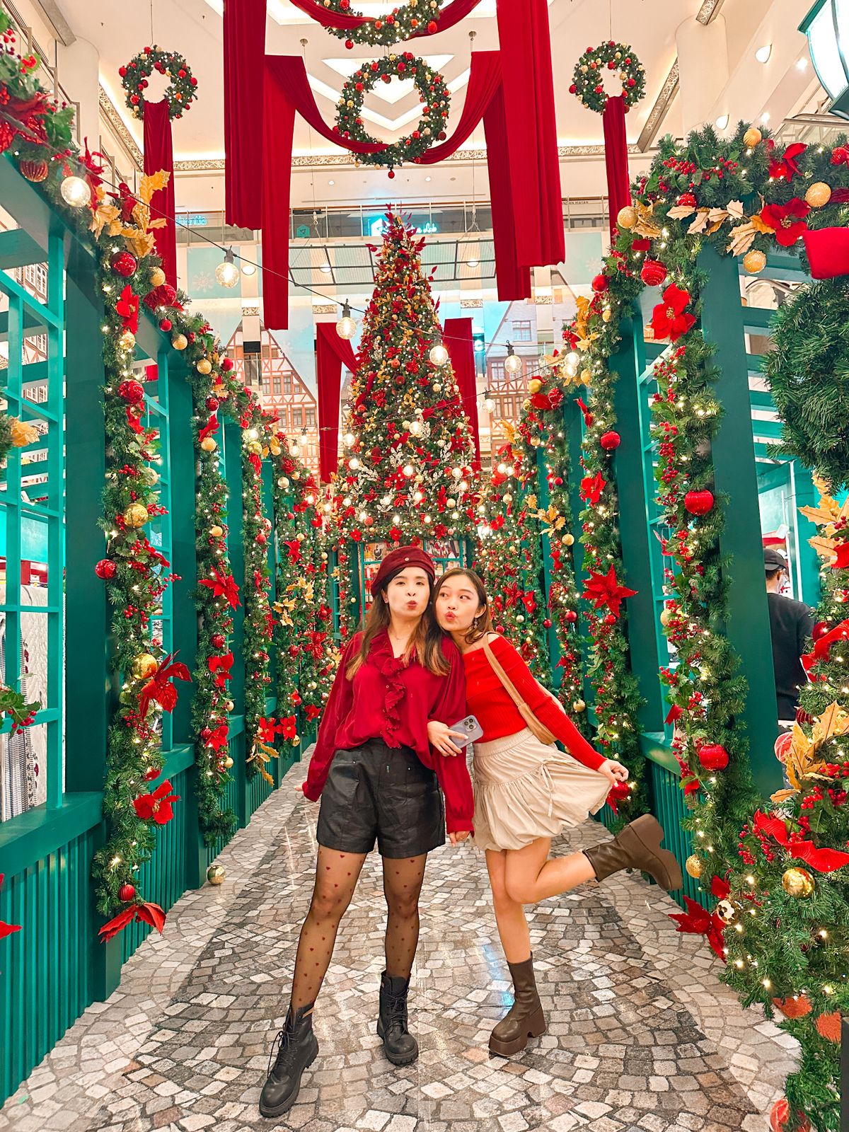 Playful Red Blouse and Patterned Tights for a Festive Touch — Christmas Market Outfits 2026