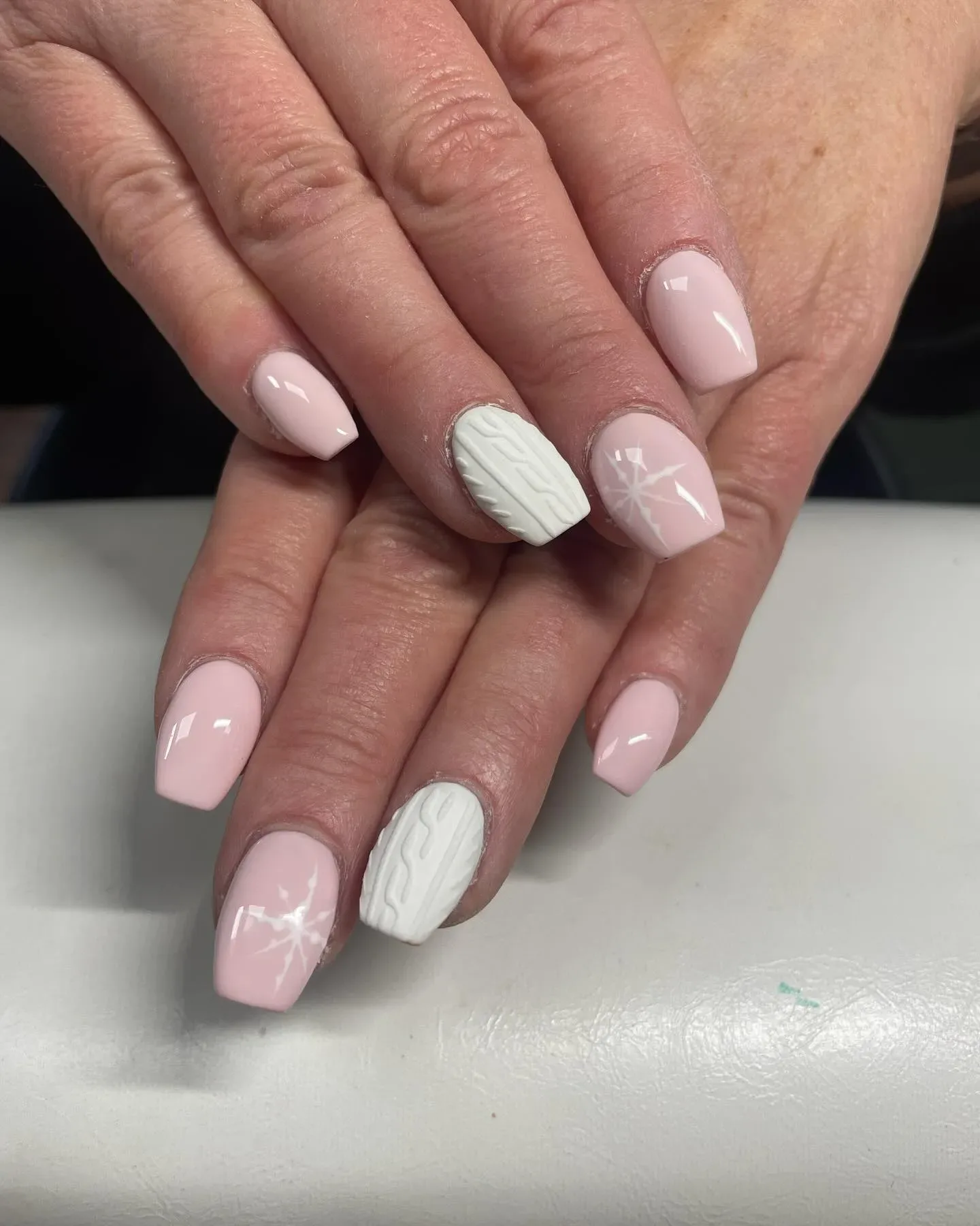 Pale Pink Cable Knit & Snowflakes — Cozy Winter Nails 2027