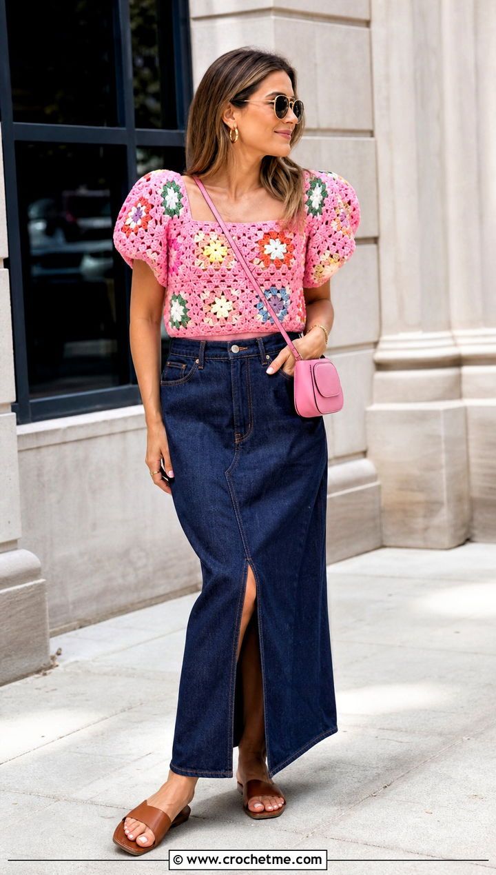 Pink Crochet Puff Sleeve Top with Denim Maxi Skirt and Brown Sandals Pink Crochet Puff Sleeve Top with Denim Maxi Skirt and Brown Sandals — Puff Sleeve Blouse Outfits 2027