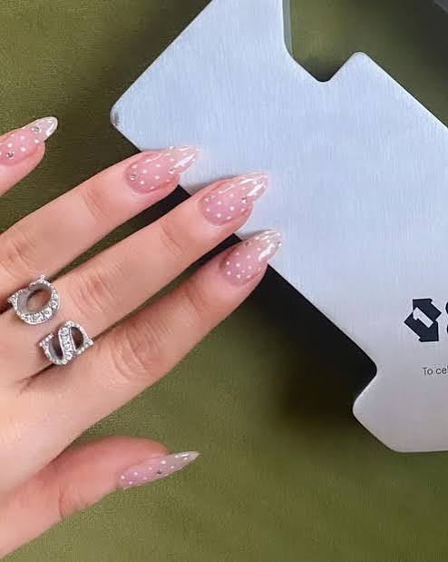 Long Almond Sheer Pink with Shimmer Dots Long Almond Sheer Pink with Shimmer Dots — Polka Dot Nails 2027