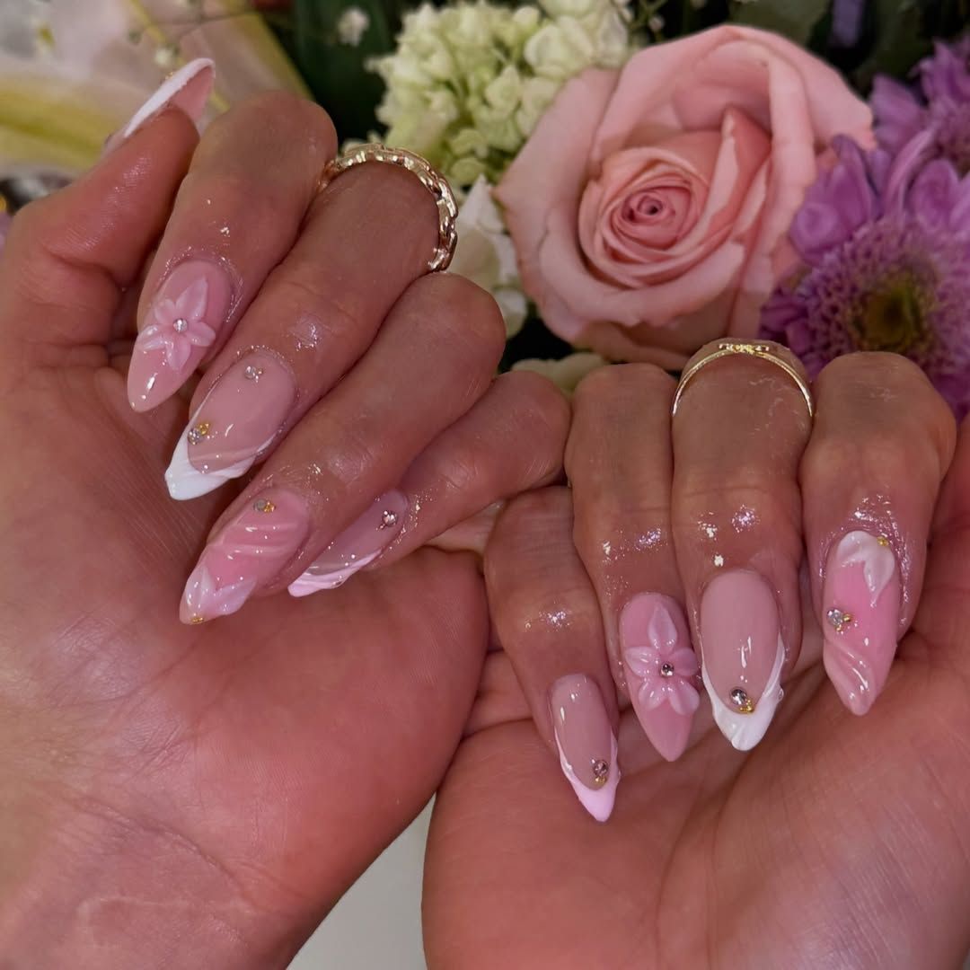 3D Floral Accents And Small Rhinestones Visual Idea 3D Floral Accents And Small Rhinestones Visual Idea — Floral Stiletto Nails 2027