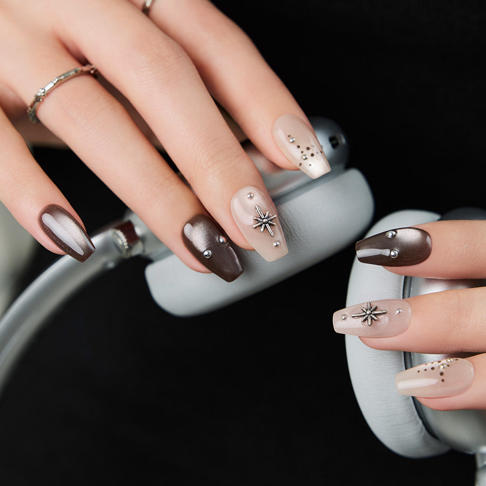 Chocolate Brown Metallic Star Charm Nails Chocolate Brown Metallic Star Charm Nails — Winter Coffin Nails 2027