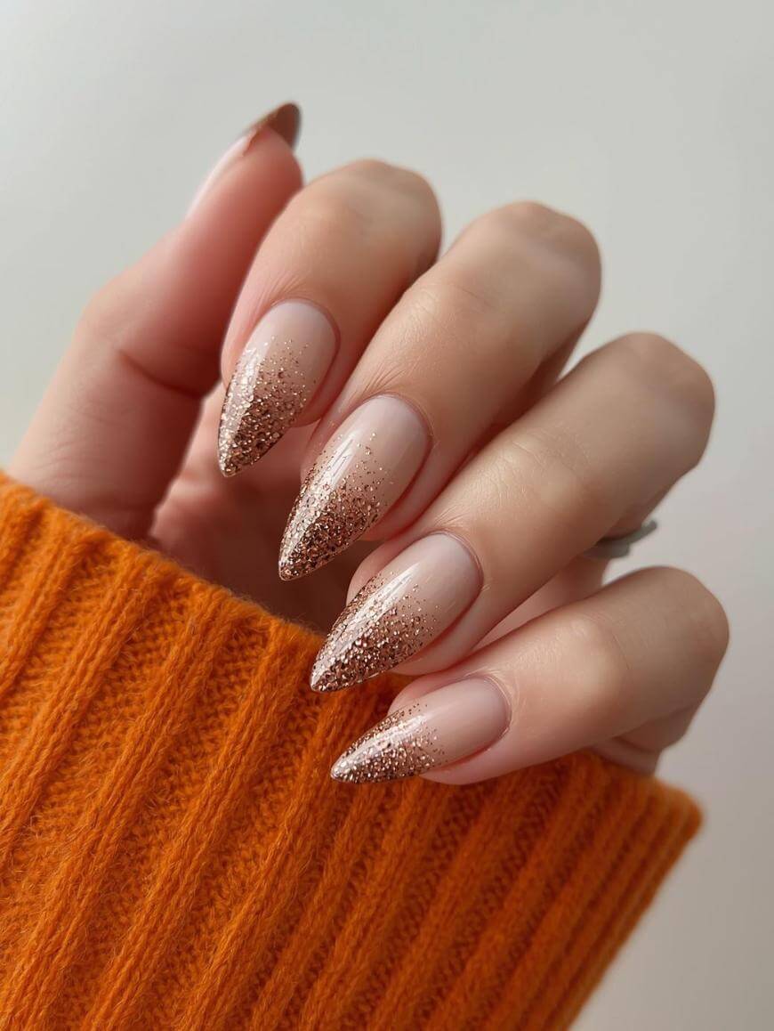 Nude Rose Gold Glitter Ombré Stilettos Nude Rose Gold Glitter Ombré Stilettos — Glitter Nails 2027