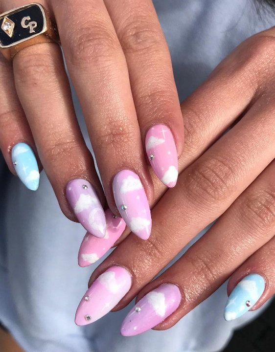 Pink And Blue Base With White Clouds Visual Idea Pink And Blue Base With White Clouds Visual Idea — Cloud Almond Nails 2027