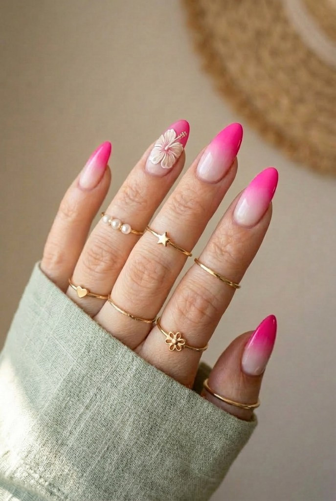 Pink to White Ombre Floral Decal Almonds Pink to White Ombre Floral Decal Almonds — Long Almond Pink Nails Ideas 2027