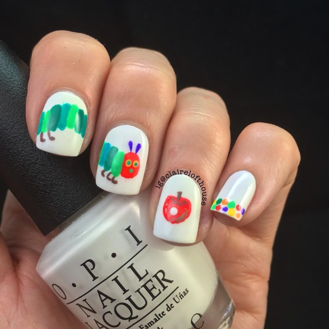 White Base with Very Hungry Caterpillar White Base with Very Hungry Caterpillar — Teacher Nails 2027