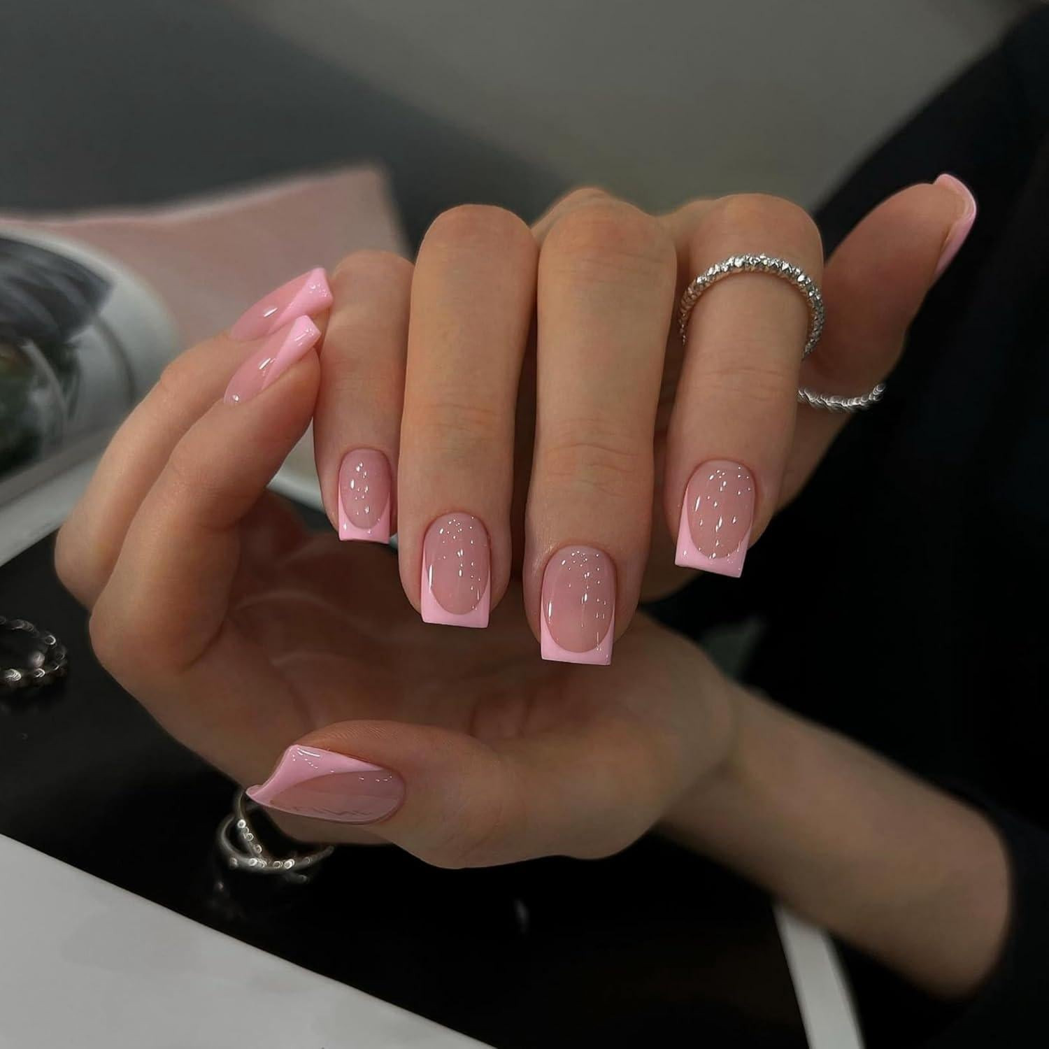 Glossy Opaque Pink French Square Nails Glossy Opaque Pink French Square Nails — Short Pink French Tip Nails 2027