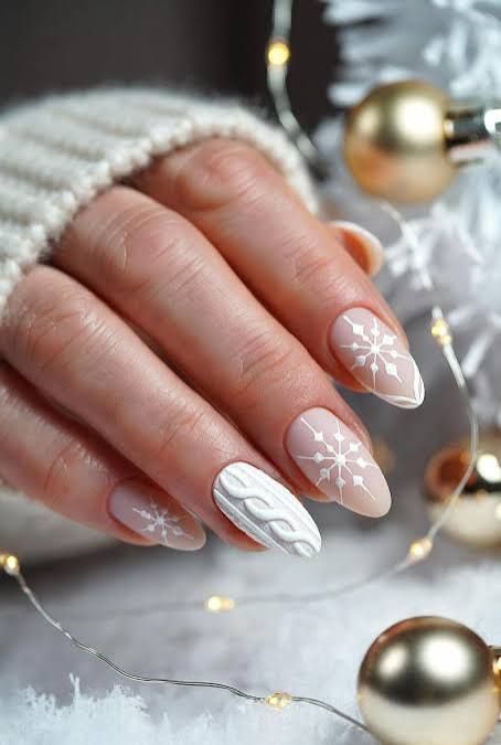 Nude Base White Art Visual Idea — Christmas Sweater Nails 2026