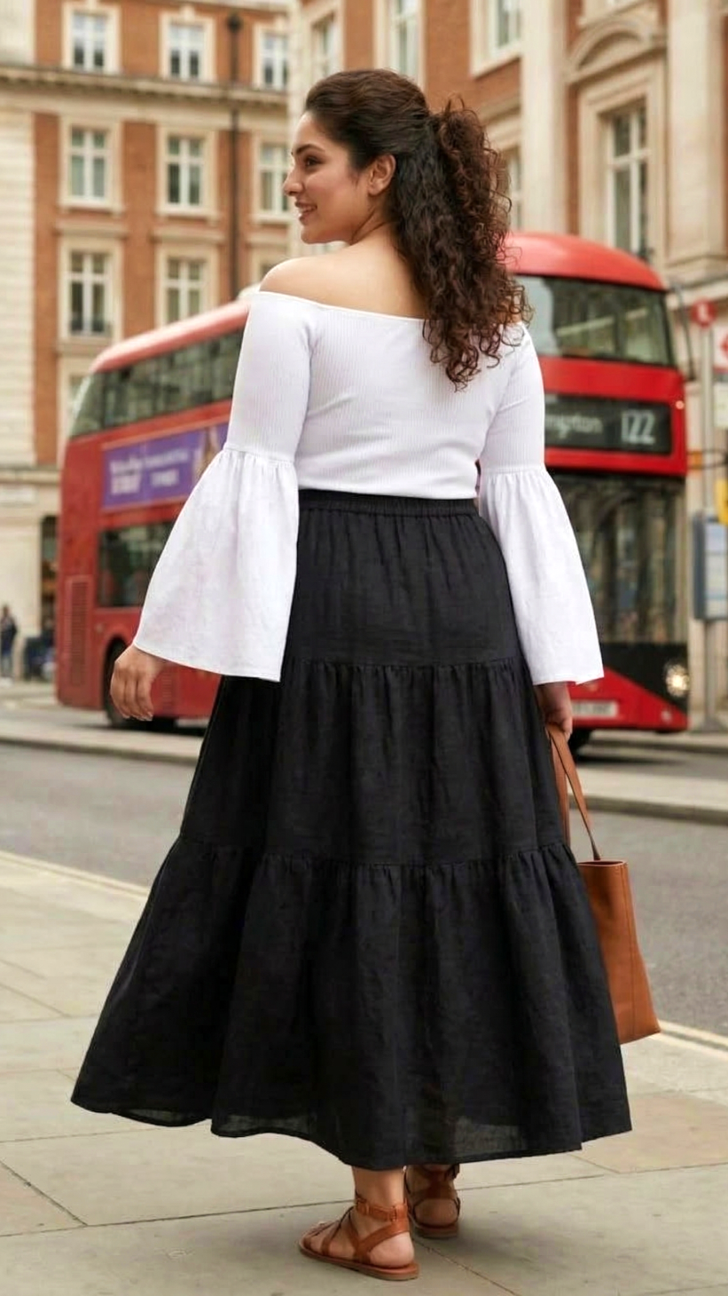 Brown Sandals Off-Shoulder Top with Black Tiered Maxi Skirt — Tiered Skirt Outfits 2027