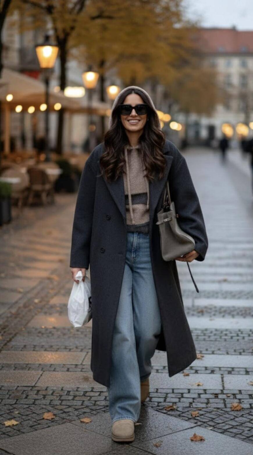 Charcoal Grey Wool Coat with Striped Hoodie and Wide-Leg Jeans Charcoal Grey Wool Coat with Striped Hoodie and Wide-Leg Jeans — Winter Grey Outfits 2027