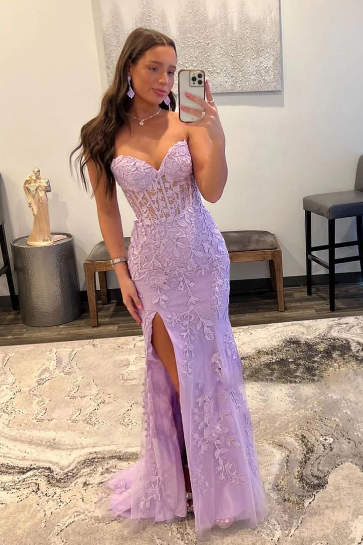 Lavender Strapless Lace Prom Dress with Corset Bodice and High Slit Lavender Strapless Lace Prom Dress with Corset Bodice and High Slit — Purple Prom Dresses 2027