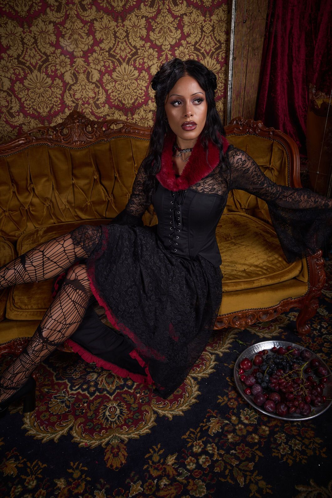 Lace Dress with Red Trim and Faux Fur Collar Lace Dress with Red Trim and Faux Fur Collar — Goth Lace Outfits 2027