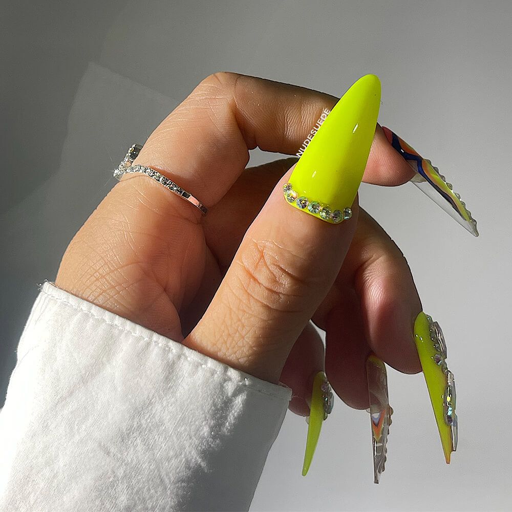Rhinestones At The Cuticle Visual Idea Rhinestones At The Cuticle Visual Idea — Neon Stiletto Nails 2027