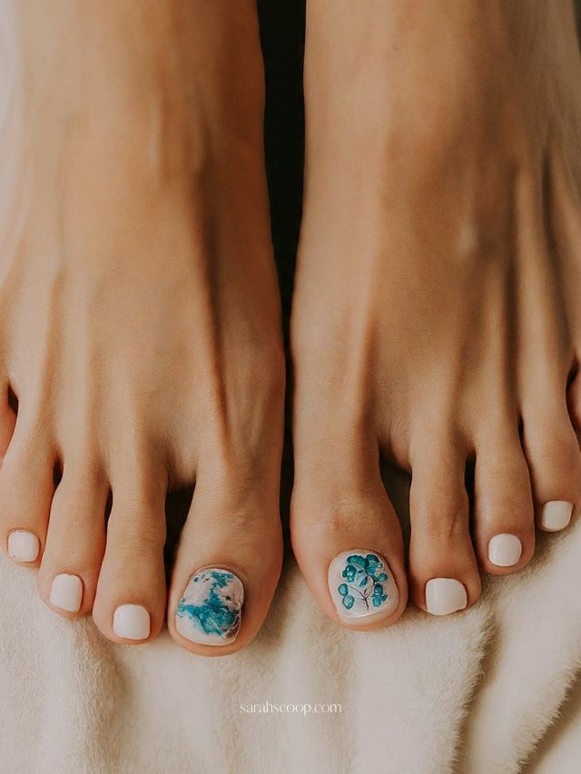 Glossy White Toes with Blue Abstract Art — Wedding Toe Nails 2027