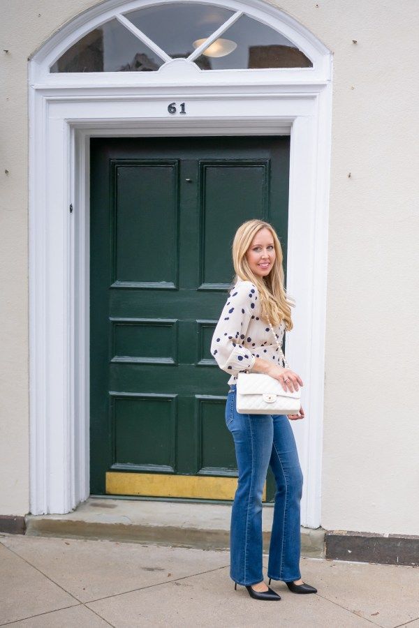 Polka Dot Wrap Blouse with Blue Bootcut Jeans Polka Dot Wrap Blouse with Blue Bootcut Jeans — Blue Bootcut Jeans Outfits 2027