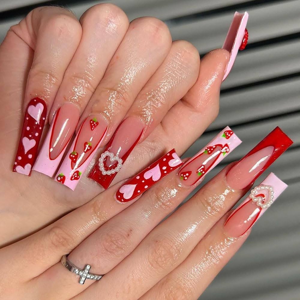 3D Pearl Heart Strawberry Coffin Nails 3D Pearl Heart Strawberry Coffin Nails — Valentines Coffin Nails 2027
