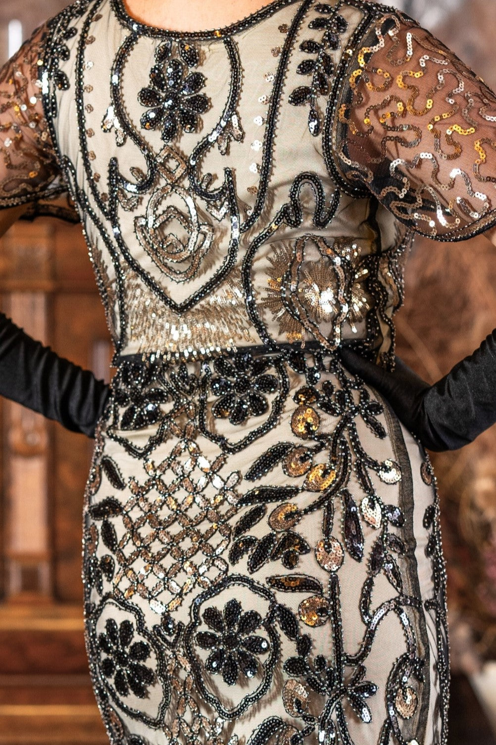 Beige Sequined Midi Dress with Sheer Sleeves and Black Gloves — Gatsby Outfits 2027