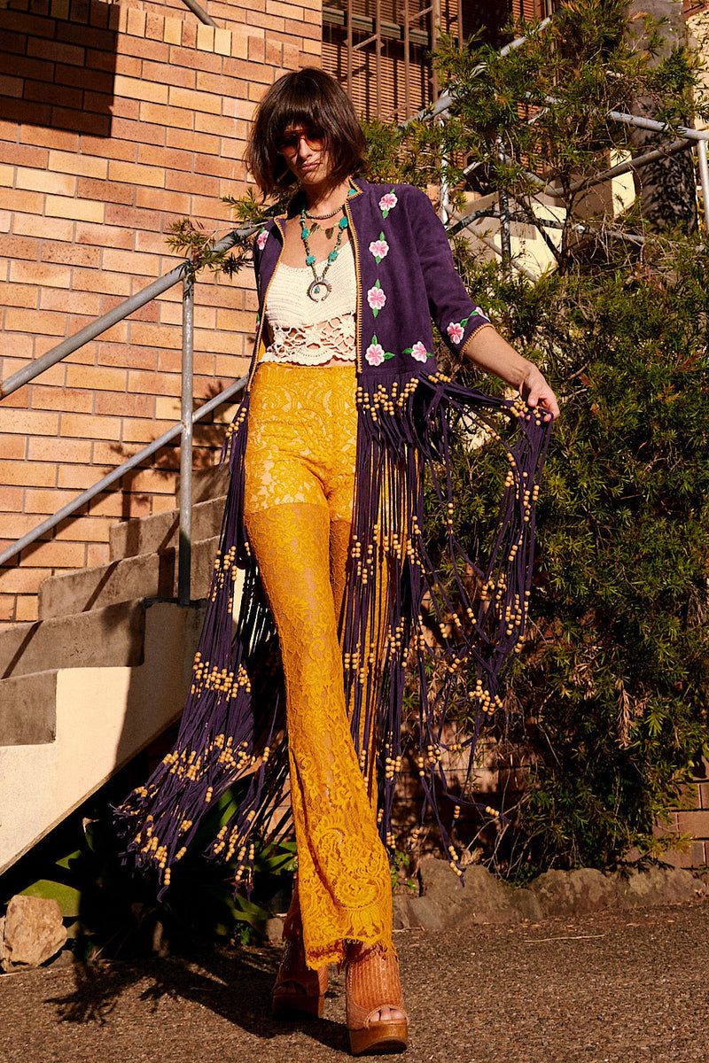Bohemian Rhapsody: Purple Fringe Jacket with Yellow Lace Pants Bohemian Rhapsody: Purple Fringe Jacket with Yellow Lace Pants — Fringe Jacket Outfits 2027