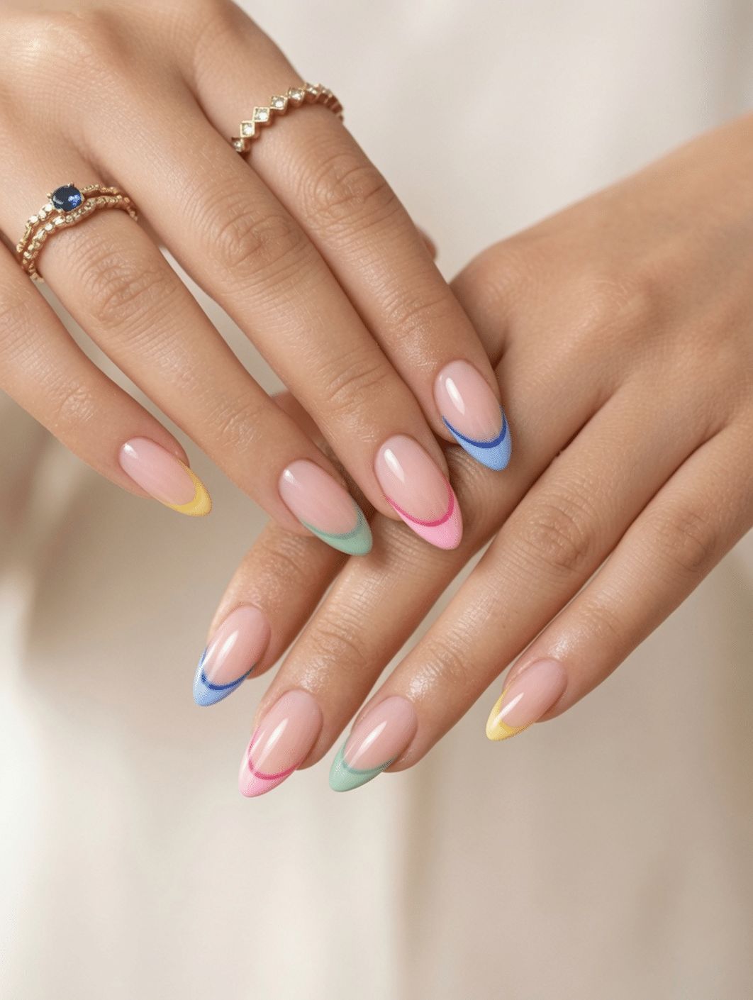 Medium Almond Pastel French Tips Glossy Medium Almond Pastel French Tips Glossy — Different Color Each Nail 2027