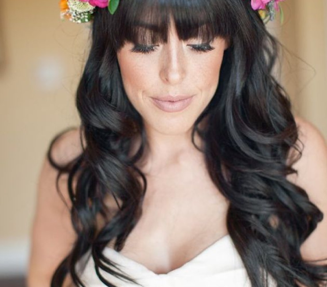 Mid-Back Dark Brown Waves With Full Bangs Mid-Back Dark Brown Waves With Full Bangs — Wedding Bangs 2027