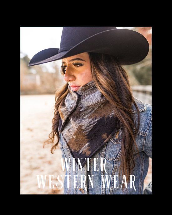Denim Jacket with Patterned Scarf and Cowboy Hat — Winter Western Outfits 2027