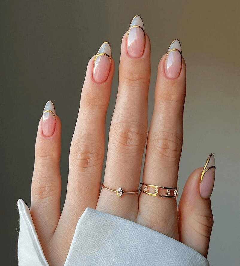 Sheer Nude Almond with Gold Line Accents Sheer Nude Almond with Gold Line Accents — Professional Nails 2027