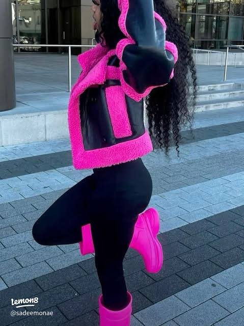 Black and Pink Faux Fur Jacket with Chunky Boots Black and Pink Faux Fur Jacket with Chunky Boots — Winter Colorful Outfits 2027