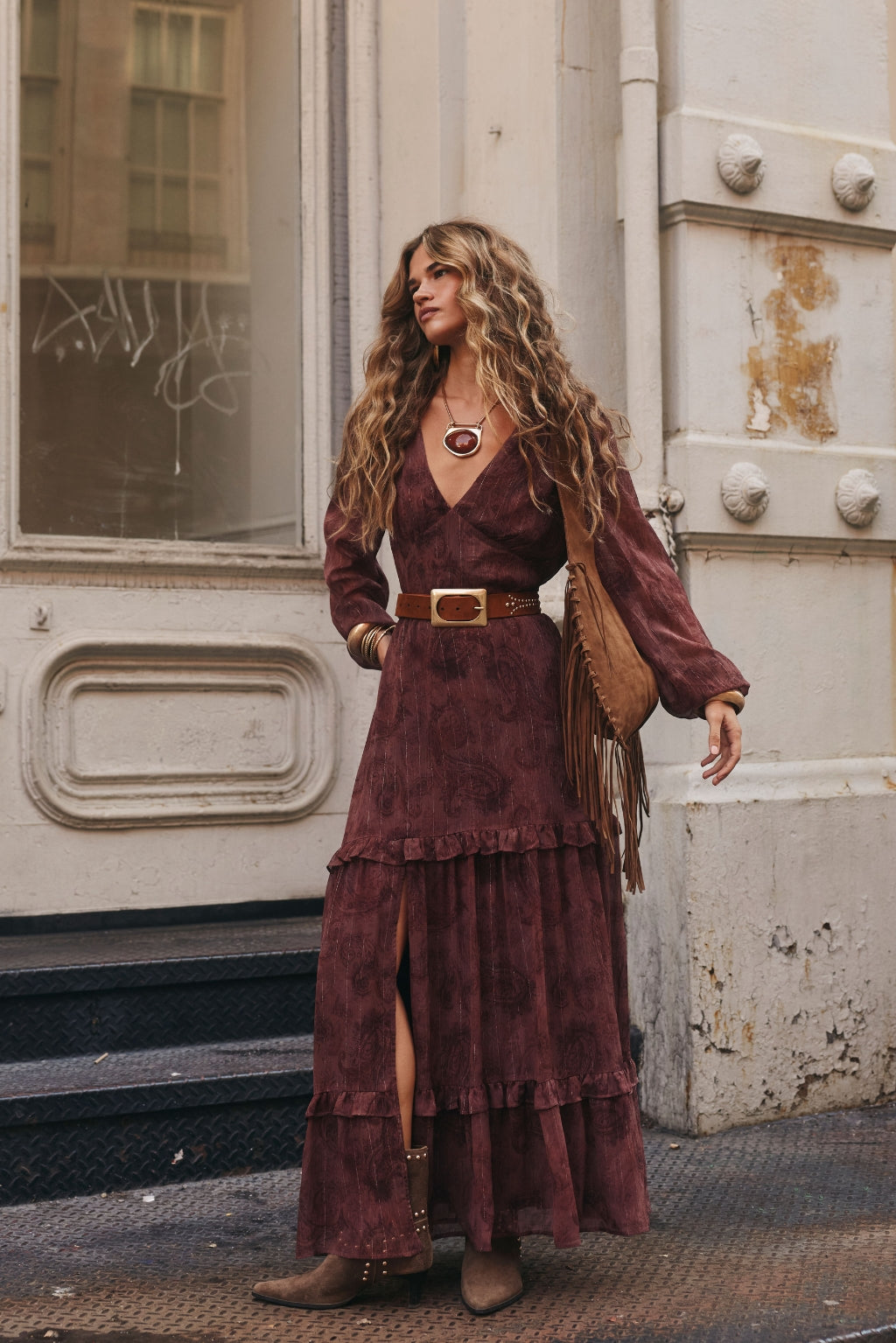 Bohemian Red Maxi Dress with Ruffles and Fringe Bag for a Festival Vibe — Vacation Dresses 2027