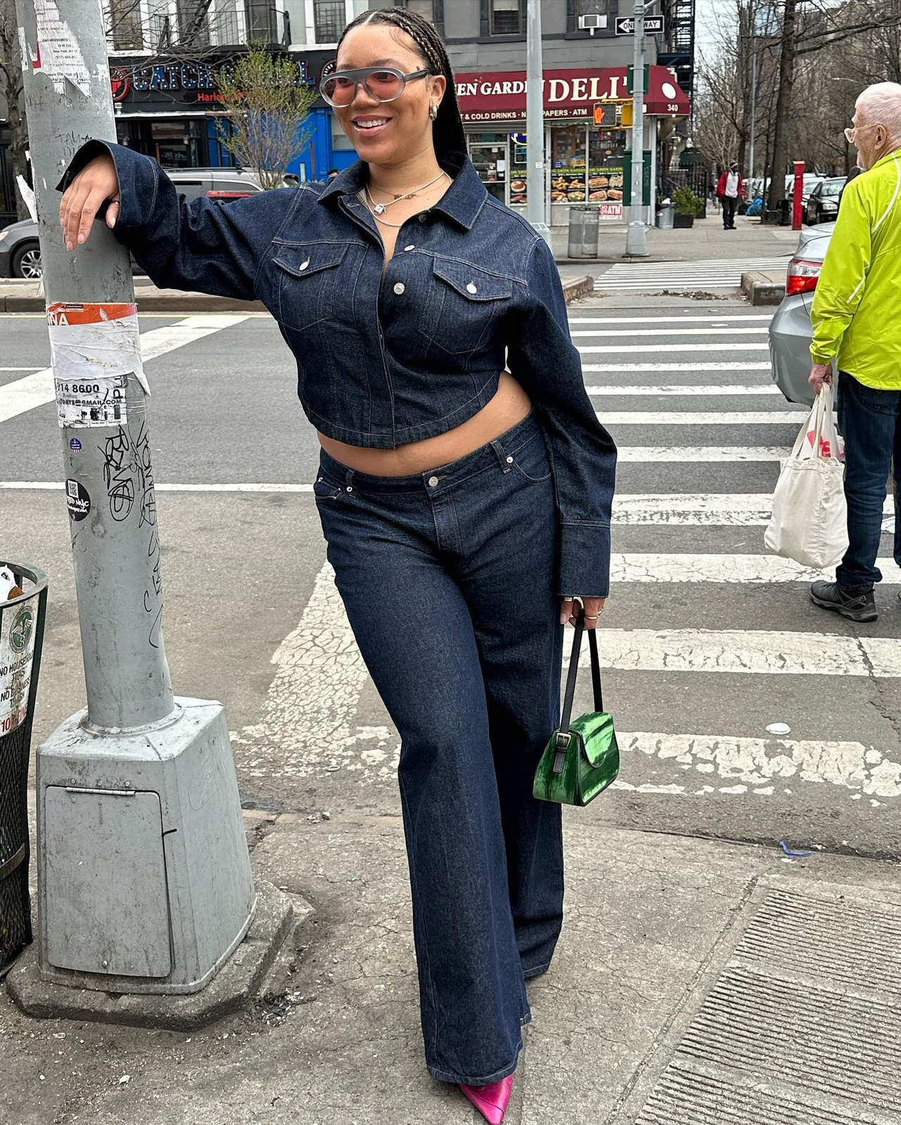 Denim Co-ord with Pink Heels for a Pop of Color Denim Co-ord with Pink Heels for a Pop of Color — Chilly Spring Outfits 2027