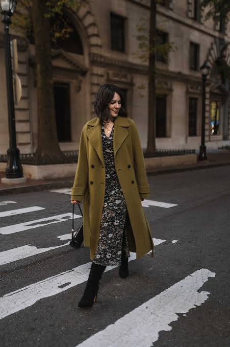 Olive Green Coat Over Floral Midi Dress for Dressy Daytime — Dressy Winter Outfits 2027