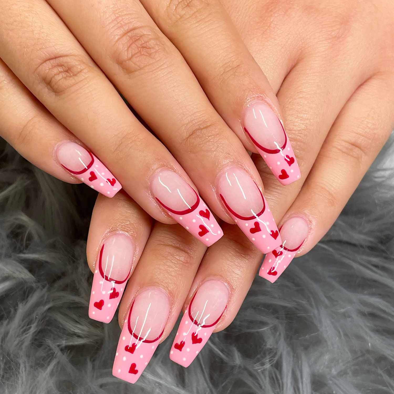 Glossy Medium Pink Red Heart Dot French Tip Nails Glossy Medium Pink Red Heart Dot French Tip Nails — Short Heart Coffin Nails 2027