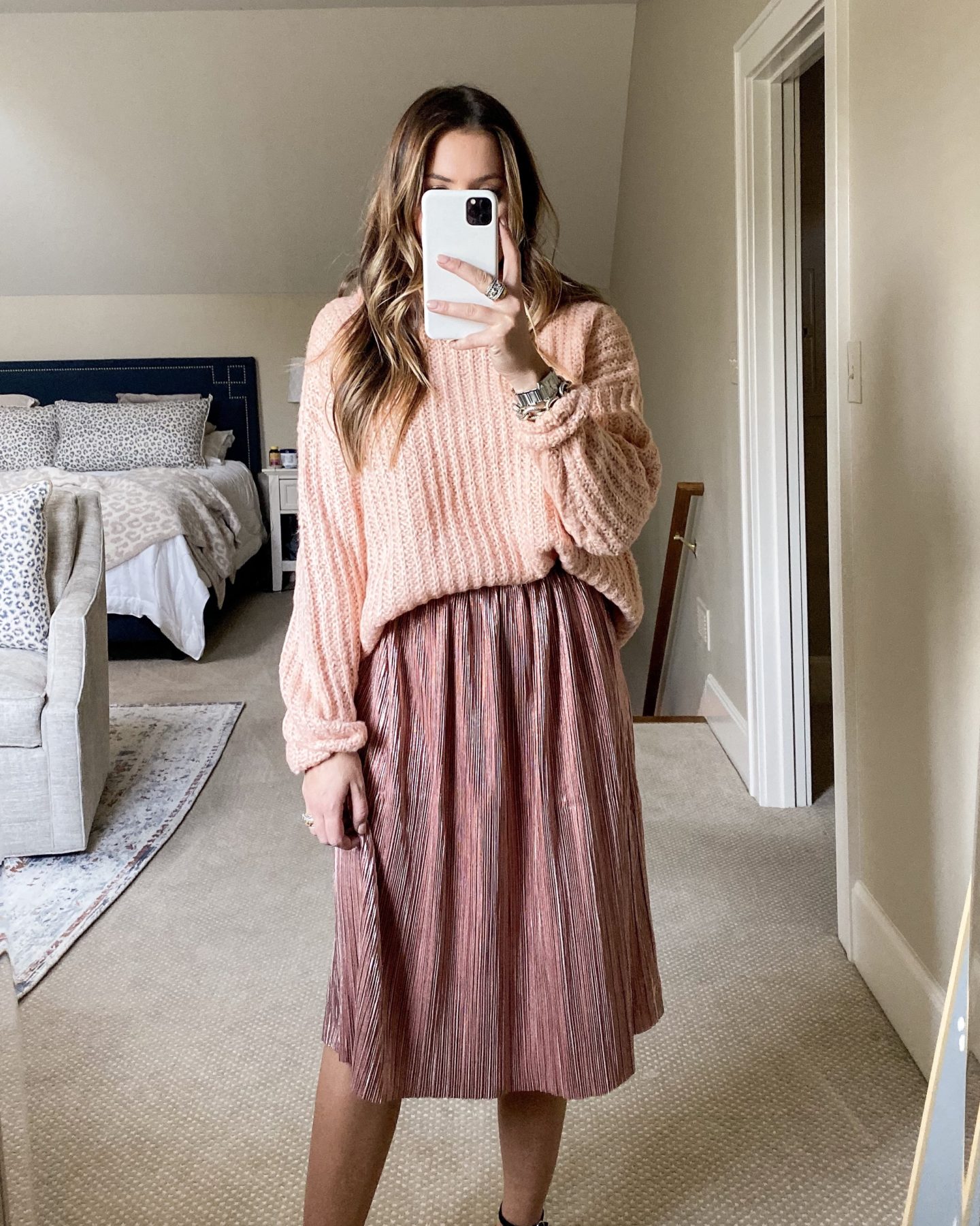 Peach Knit Sweater with Rose Gold Metallic Skirt for Holiday Parties Peach Knit Sweater with Rose Gold Metallic Skirt for Holiday Parties — Holiday Outfits 2026