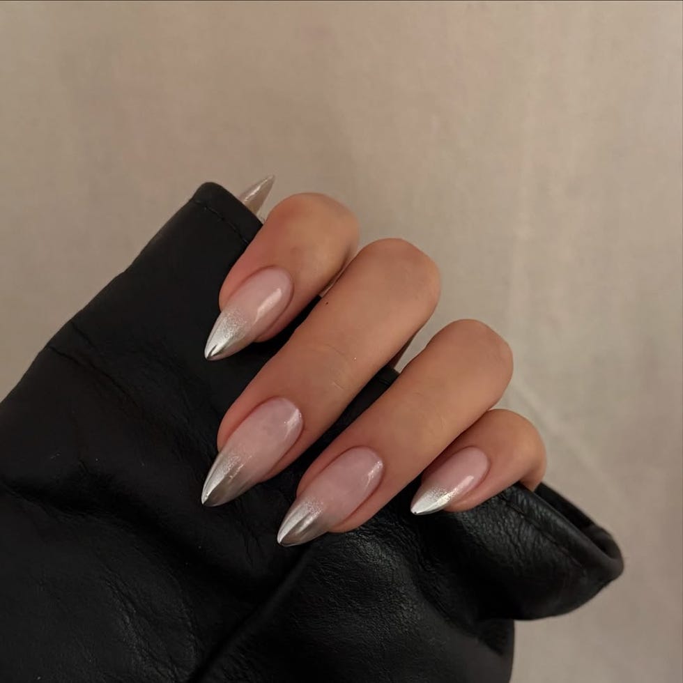 Metallic Silver French Tips on Nude Base Metallic Silver French Tips on Nude Base — Silver Nails 2027