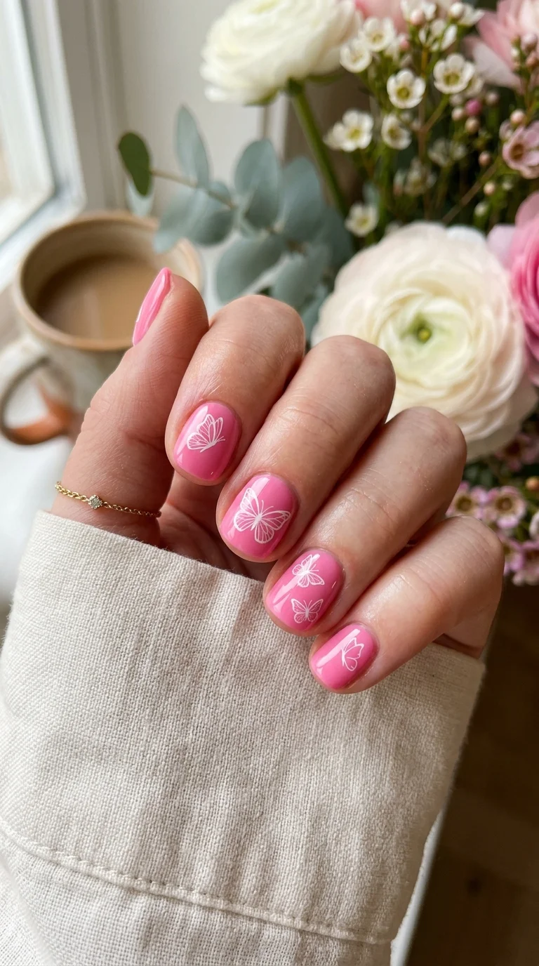Vibrant Pink Butterfly Outline Nails Vibrant Pink Butterfly Outline Nails — Short Butterfly Round Nails 2027