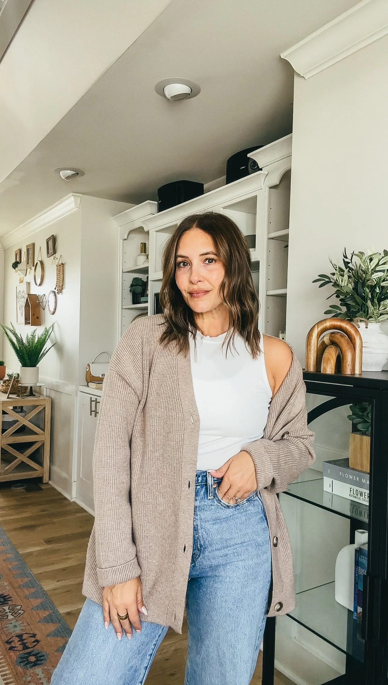 Beige Knit Cardigan with White Tank and Blue Jeans Beige Knit Cardigan with White Tank and Blue Jeans — Fall Cardigan Outfits 2026