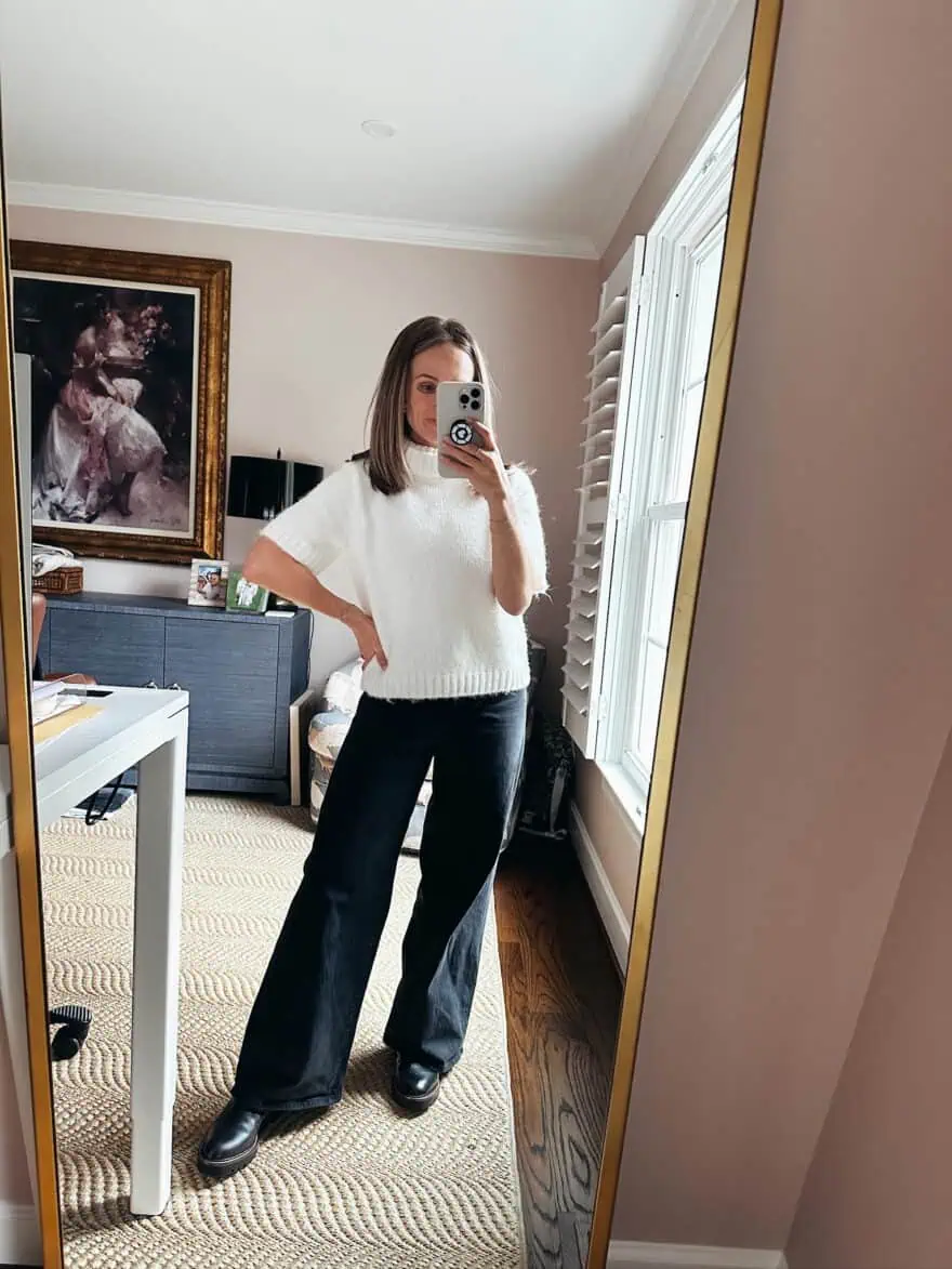 White Fuzzy Knit Sweater with Black Wide-Leg Pants and Chelsea Boots White Fuzzy Knit Sweater with Black Wide-Leg Pants and Chelsea Boots — Chelsea Boots Outfits 2027