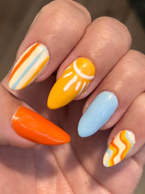 Orange and Yellow Stripes with Sun — Baby Shower Nails 2027