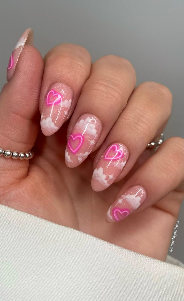 Medium Almond Neon Pink Hearts Clouds Medium Almond Neon Pink Hearts Clouds — Pink Cloud Nails 2027