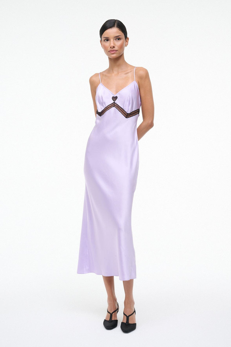 Lilac Satin Cami Slip Dress with Black Lace Trim — Silk Dresses 2027