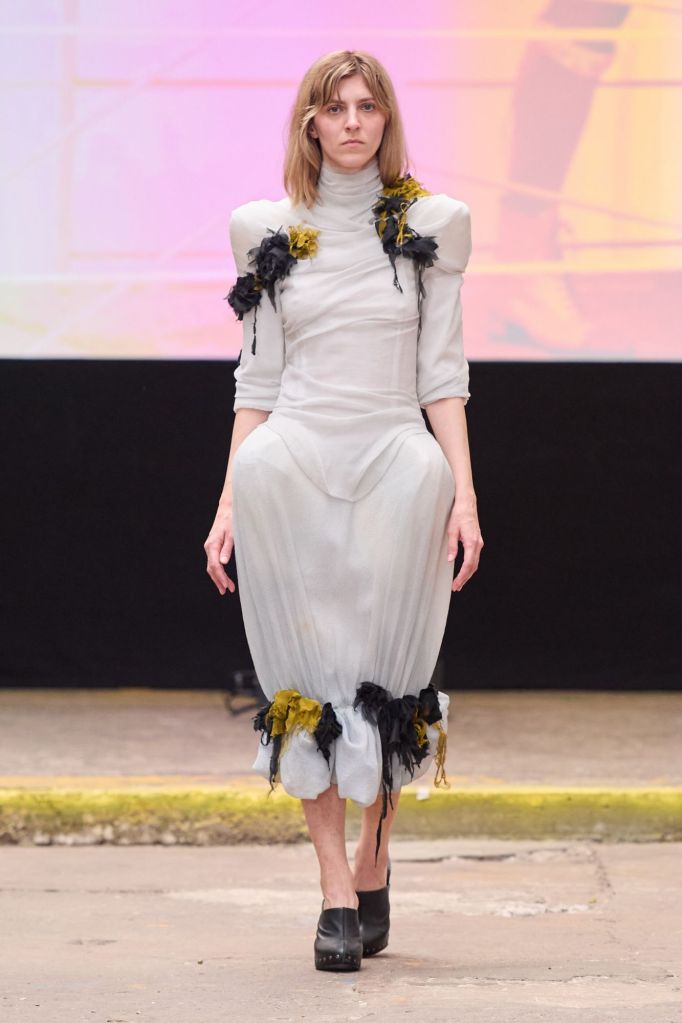 Sheer Grey Dress with Ruffled Floral Embellishments Sheer Grey Dress with Ruffled Floral Embellishments — Scandinavian Outfits 2027