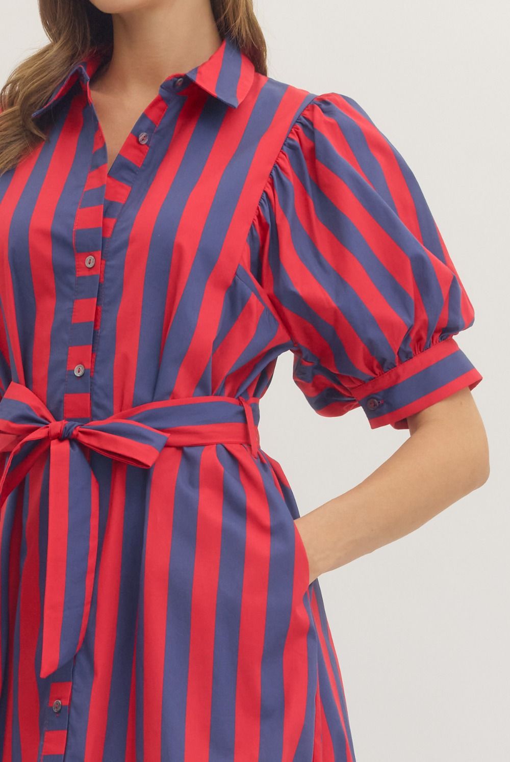 Casual Red and Navy Striped Shirt Dress with Puff Sleeves Casual Red and Navy Striped Shirt Dress with Puff Sleeves — Striped Dresses 2027