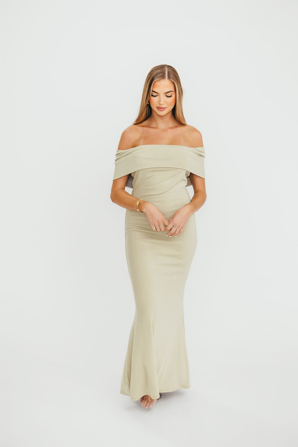 Evening Grace: Sage Green Off-the-Shoulder Maxi — Sage Green Outfits 2027