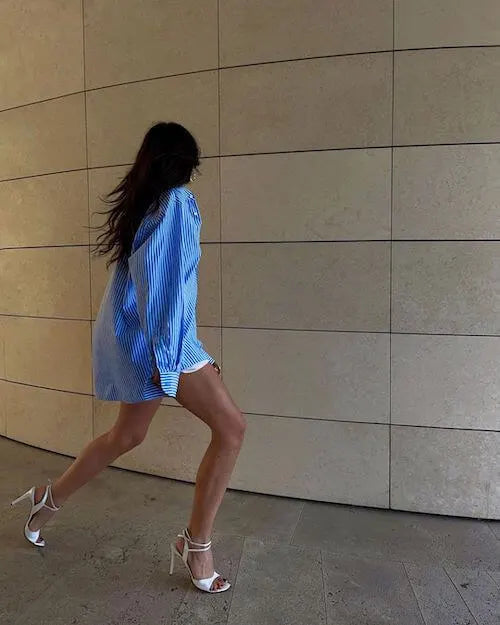 Blue and White Striped Shirt Dress with Strappy Heels — Oversized Shirt Outfits 2027