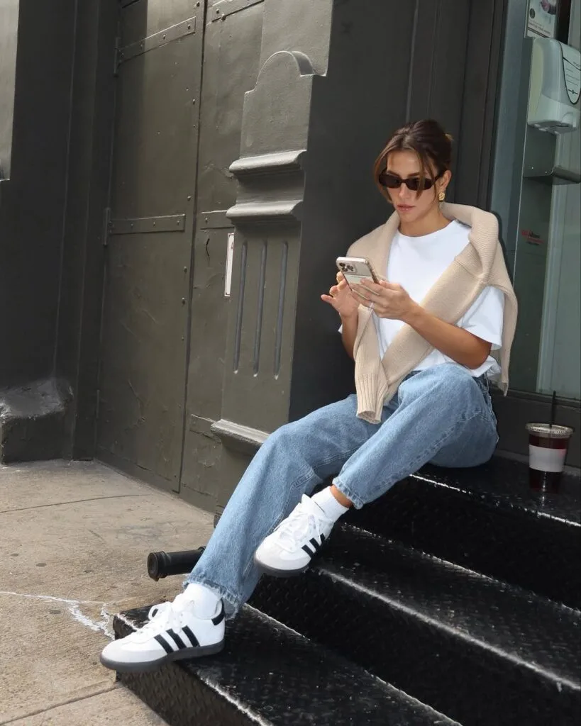 Effortless Casual: Adidas Samba with Relaxed Jeans and Draped Sweater Effortless Casual: Adidas Samba with Relaxed Jeans and Draped Sweater — Adidas Samba Outfits 2027