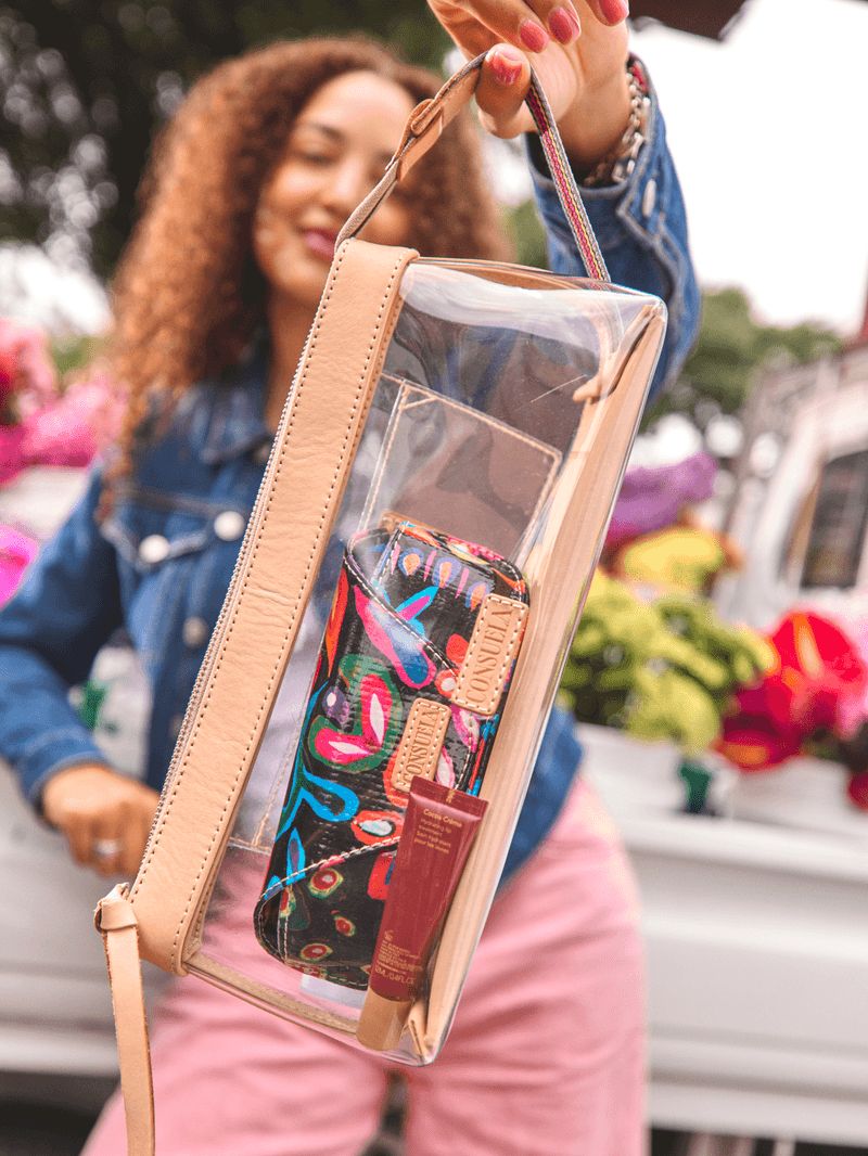 Denim Jacket with a Clear Pouch Bag and Colorful Insert — Clear Bag Outfits 2027