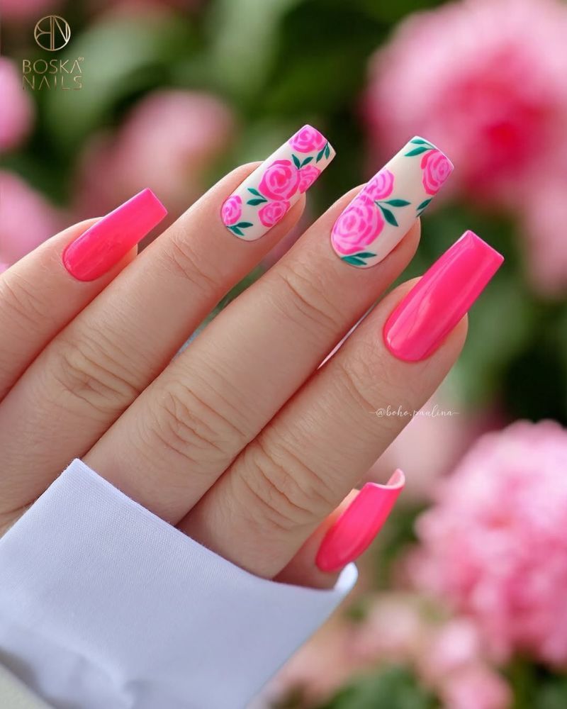 Bright Pink Rose Garden Coffin Nails Bright Pink Rose Garden Coffin Nails — Summer Coffin Nails 2027