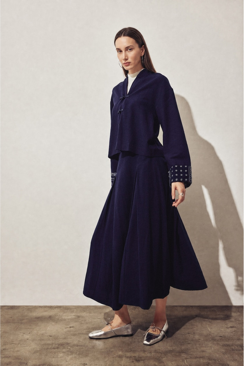 A-Line Midi Skirt with Cropped Jacket, White Top, and Ballet Flats A-Line Midi Skirt with Cropped Jacket, White Top, and Ballet Flats — Navy Blue Midi Skirt Outfits 2027